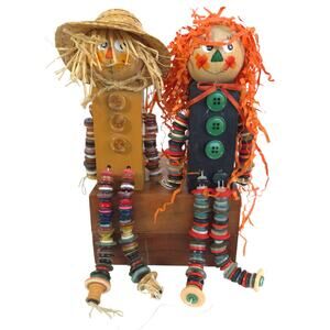 Handmade Folk Art Scarecrow Dolls Shelf Sitters Button Limbs Pair Fall Decor